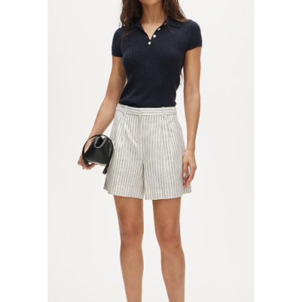 J.Crew Pleated Trouser Shorts Size 12 Striped Stretch Linen Blend Ivory Blue